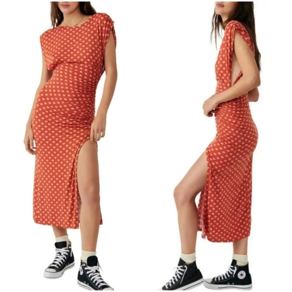Free People Lakeside Midi Dress Hearts Printed Orange Ginger Combo - Picture 7 of 15